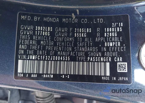 2018 Honda Civic Ex-T из США, поврежденный, VIN JHMFC1F32JX004535